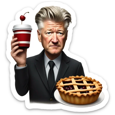 david lynch with a cherry pie and coffee cup sticker