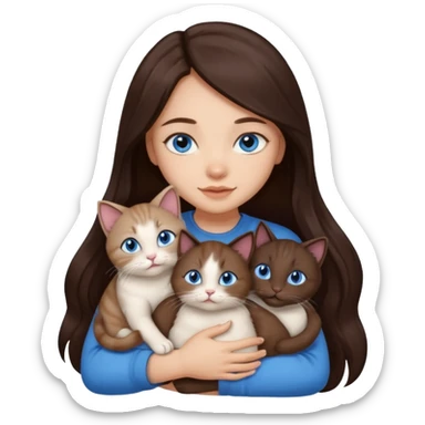 a pretty girl with long dark 
brown hair, with blue eyes, hugs 3 different natural coloured small cats sticker