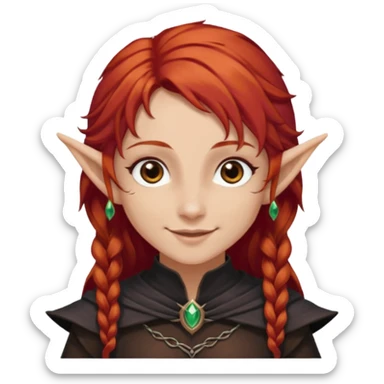 Bruxa meio elfa, ruivo forte (acobreado puxado pro castanho escuro) olhos escuros, e sorrindo 🧝🏻‍♀️ nesaa pegada desse emoji ai, e branca não muito branca tbm sticker