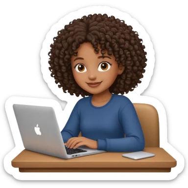 adorable black girl with curly hair working on a MacBook, smiling, cozy setting sticker