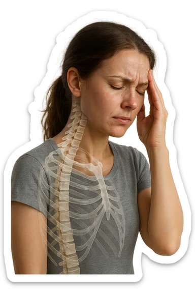 donna stanca che si tiene una mano sulla tempia con spina dorsale anatomica visibile, iperrealistico 4k sticker