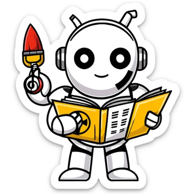 A shiny metal robot man with a circular chest plate divided into four segments, each featuring an art symbol: paintbrush, musical note, drama masks, and book sticker