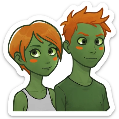 A tall girl and a half short boy with orange hair sticker