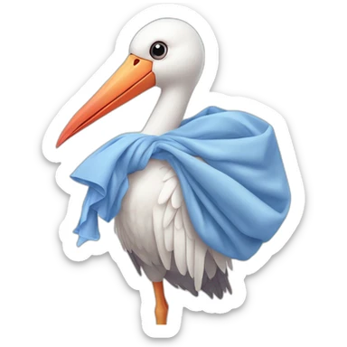 White stork carrying a blue bundle of cloth in the beak that has a human person cute baby human in it and the human baby head is peeking from the fabric the strok is carrying in its beak sticker