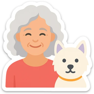50-year-old pretty lady with silver curly hair, smiling, with a Westie dog, color icon sticker