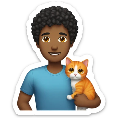 Guy with short black curly hair holding a orange cat sticker