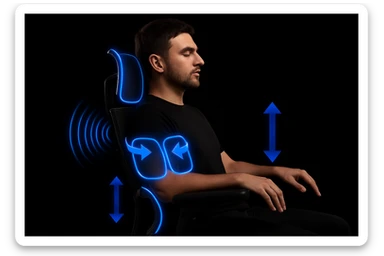 Youtube thumbnail of person using ergonomic chair, black solid background, neon light, closeup showing details of ergonomic chair, symmetrical sticker