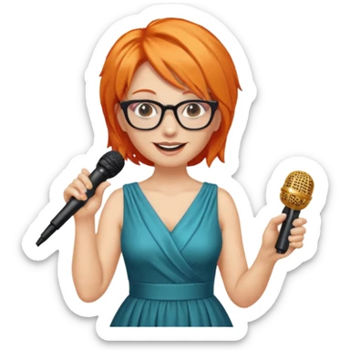 singer, Middle age, orange hair, happy, holding mic, wearing dress, glasses sticker
