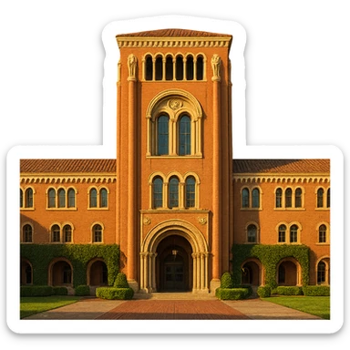 cinematic, realistic emoji of the Bovard Administration Building at the University of Southern California in Los Angeles, straight-on perspective, featuring its iconic Romanesque Revival architecture, lifelike detail, bright regal lighting as on a sunny day, accurate building colors, transparent background sticker