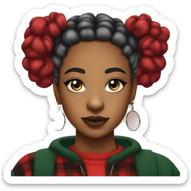 Trans girl with dark green space buns wearing a red flannel and hoop earrings wearing cat eye liner sticker
