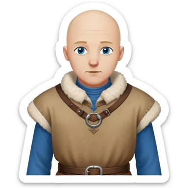 medieval outfit worn by a DnD themed fantasy character. basic rough-spun tunic with a fur-lined collar and a leather strap across the chest. clothes only above the waist. The clothes full waist. The character's haven't arms. character is bald, blue eyes, white-skinned man. sticker