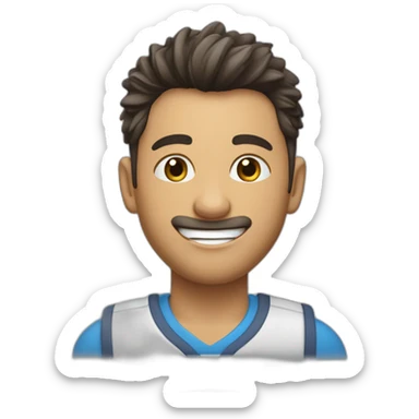 chico joven con camisa azul, pelo moreno, flequillo un poco ondulado y alguna cana, con una sonrisa sticker