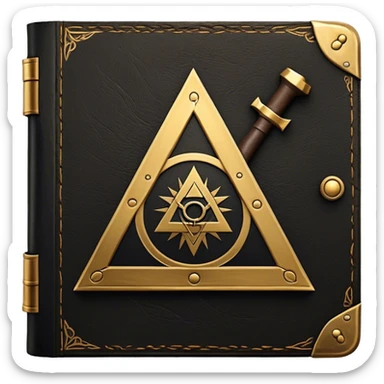 A black and gold book with an aged leather texture, embossed with an alchemical symbol, a compass, or a forging hammer, exuding wisdom, mastery, and the relentless pursuit of greatness. - book on mastery ... silhouette of a triangle  sticker