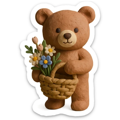bear carrying a basket of wildflowers, soft pastel brown and cream, claymation style sticker