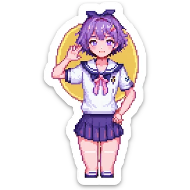 Pixel art anime schoolgirl with short bright purple hair in Japanese sailor uniform, standing with one hand on hip trying to look brave but shyly waving with pink blush across face sticker