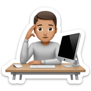 emoji of a man sitting at the table with an imac on it, a man is sitting in a very thoughtful pose, he has his hands on the table and his head resting on them sticker