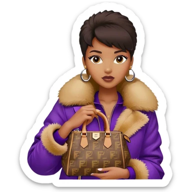 Beautiful black woman wearing a brown monogram Fendi jacket with a fur trim. She is carrying a purple Fendi Mini Peekaboo Bag. I want the image close up sticker