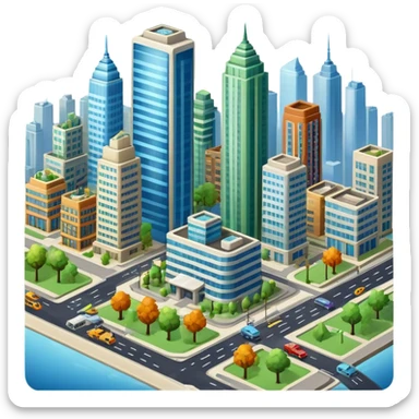 An icon showing a city-building game interface, inspired by Sim City. The design features a bustling city with roads, skyscrapers, and parks, with buildings being constructed and managed. The game’s interface, with stats and controls, is visible at the top. Transparent background. sticker