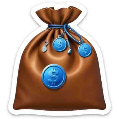 brown money bag with a blue coin  sticker