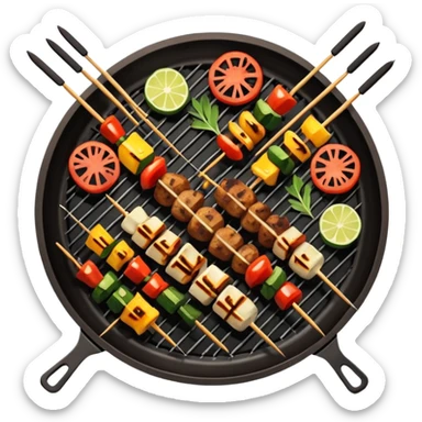 Grilled dishes avatar in bright emoji-style illustration. Skewers, BBQ, and grilled vegetables, warm fire tones, simple shapes, flat design, high contrast, tasty and inviting. sticker