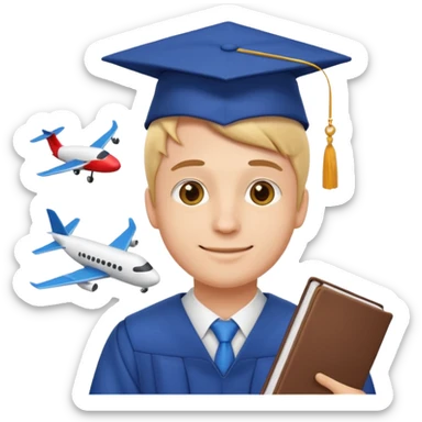 emoji man student at university with graduation cap and airplane, happy, programme erasmus,white background sticker