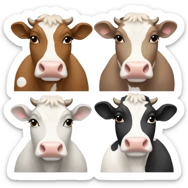 4 cows, one grey, one black, one her face light brown, and white whith light brown dots, last one is brown with white dots, her face is white with brown eyeshadow  sticker