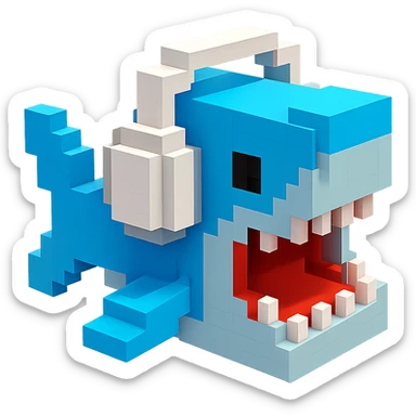 voxel style shark with white headphones, open mouth, blocky, blue and silver, no background sticker