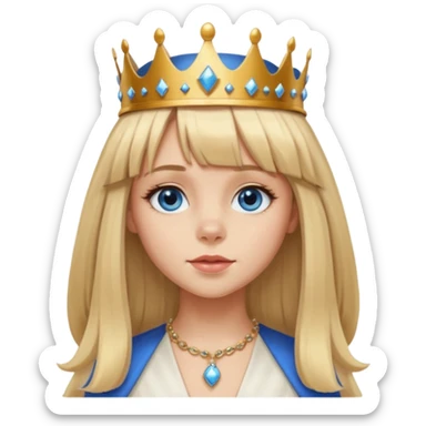 simple Blonde girl with bangs, long straight seductive hair and blue eyes, and a simple crown. giving cockerspaniel energy head only sticker