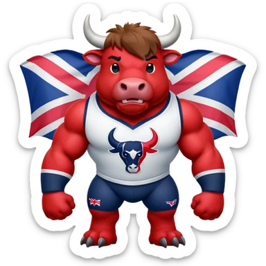 Houston texans bull, wearing a texans jersey, with a union jack flag behing sticker