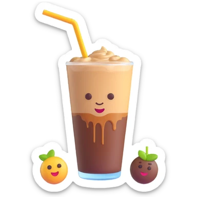 A 3D style emoji of Vietnamese iced coffee with a glass, straw, and a coffee drop on the glass, emphasizing the straw and the coffee drips. sticker