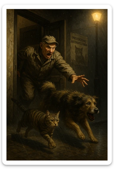 Un uomo anziano in tuta da lavoro, con espressione arrabbiata, butta fuori i suoi animali con aperta la porta di casa mentre il suo cane (un meticcio a pelo lungo) e il gatto (soriano) scappano nella strada buia sotto la pioggia. Particelle di polvere/pulci fluttuano nell'aria illuminata dal lampione. Sullo sfondo, un poster strappato del veterinario con scritto 'Prevenzione antiparassitaria'. Stile fotorealistico, illuminazione Caravaggesca, toni grigi e ocra. in italiano sticker