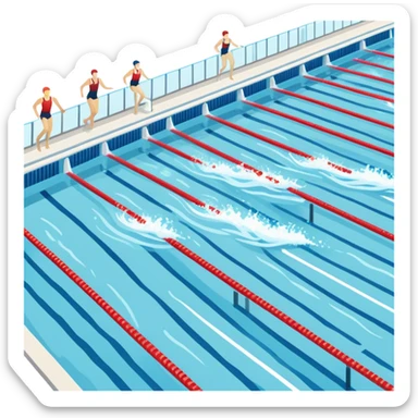 An icon featuring an Olympic swimming pool with multiple lanes and swimmers racing side by side. Splashes and lane dividers highlight the competition atmosphere. Transparent background emphasizes the energy, speed, and intensity of professional swimming events. sticker