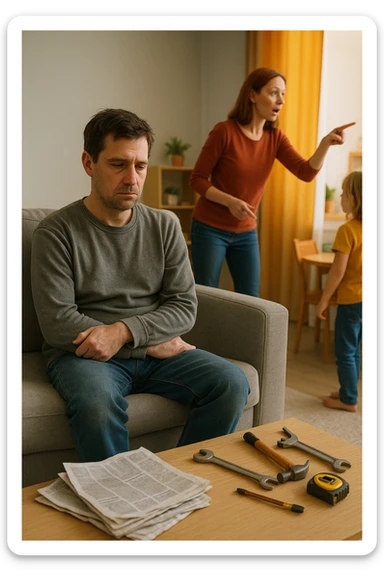 Uomo tra i 35 e i 45 anni, seduto in disparte sul divano con sguardo spento e postura chiusa, mentre la moglie, in piedi, gesticola con decisione e dirige la scena familiare (dando ordini ai figli o organizzando la casa). Intorno, simboli visivi della perdita di ruolo maschile: giornali accartocciati, strumenti da lavoro inutilizzati, l’uomo con vestiti trasandati o troppo neutri. La donna appare energica, determinata, mentre lui è passivo e disconnesso. Atmosfera domestica fredda o neutra. Colori sbiaditi attorno all’uomo, più vividi attorno alla donna. Stile realistico con tono simbolico. sticker