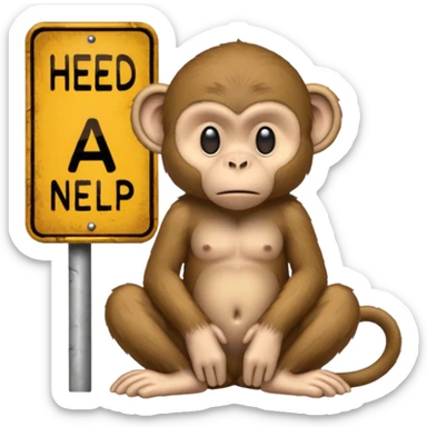 Sad Monkey sitting beside a 'heed nelp 🥺' sign, sticker