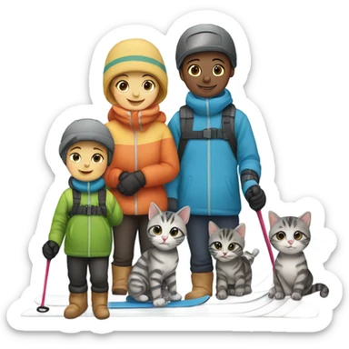 Infant skiing with its family of five, and their grey striped cat sticker