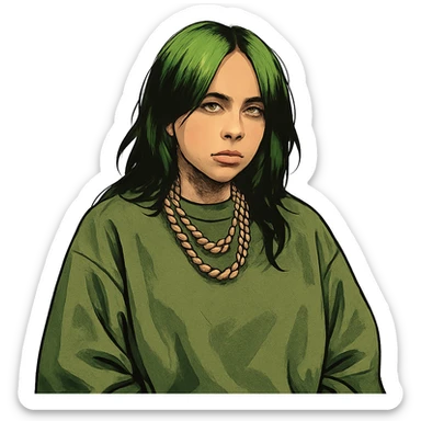 stylized portrait of Billie Eilish with green hair, oversized clothing, moody expression, pop star vibe sticker