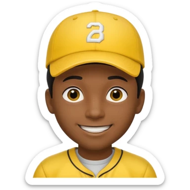 A man with dark skin tone, wearing a bright yellow baseball cap, short black hair mostly covered by the cap, large brown eyes, and a wide smile. sticker