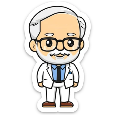 Colonel Sanders, old white man with square glasses, white goatee beard, white suit, KFC founder sticker