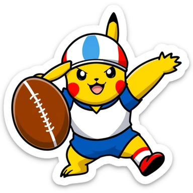 Hot handsomeb muscular 6ft tall smiling happy clean shaven Ash Ketchum playing rugby with Pikachu sticker