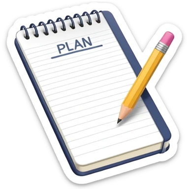 Emoji of a notebook with a pencil and the word “PLAN” written on the cover, iPhone emoji style. Flat design, smooth gradients, rounded edges, soft shadows, clean look, white background. sticker