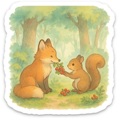 fox and squirrel sharing berries in a forest friendship scene, soft pastel colors, ghibli style sticker