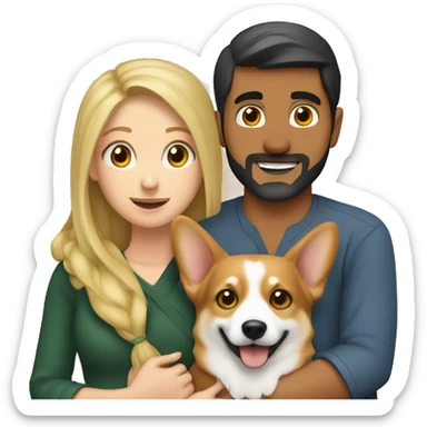 blonde girl with arab guy holding a corgi in their arms sticker