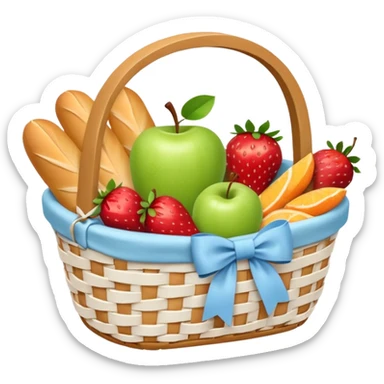A white Picnic basket with pastel blue bow，contained baguettes and fruit, sticker