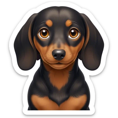 Cinematic Cute black and tan Dachshund Portrait Emoji, Head tilted playfully and inquisitively, featuring a glossy black and tan coat with a sleek sheen, round, sparkling brown eyes filled with curiosity, Simplified yet irresistibly adorable features, highly detailed, glowing with a warm, friendly glow, high shine, affectionate and spirited, stylized with a touch of whimsy, bright and endearing, soft glowing outline, capturing the essence of a mischievous yet loving pup, so playful it feels like it could dash out of the screen and into your arms! sticker