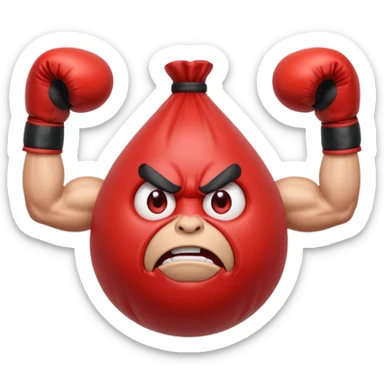 Gota de agua de color rojo con cara de enfado y unos guantes de boxeo, que tenga brazos y piernas musculados sticker