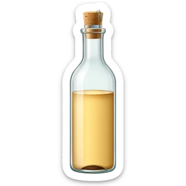 simple glass bottle with pale golden liquid inside, capped with a cork or screw cap, slender practical shape, soft label suggesting everyday use, clear light yellow hue visible through the glass, no glass, pour, or branding, closed bottle, soft lighting, subtle shadows, emoji scale sticker