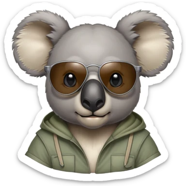 anthropomorphised koala, head and shoulders, casual clothing, dark sunglasses, fierce expression sticker