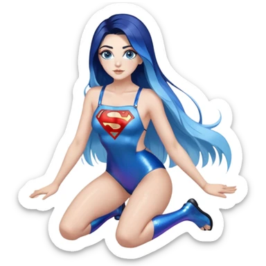 very very very large upper body-gorgeous face-on knees-very long very straight flowing dark blue to light blue hair ombre-and-blue eyes-black eyeliner-long eyelashes-iridescent bikini top with glitter superman logo-overalls shorts sticker
