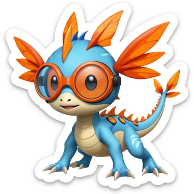 Bluish Splash-patterned emotional sparky sparky boom boom painful Meloetta-Guilmom-Salandit-Flygon-Pokémon-Fakémon-fusion-hybrid-creature with orange goggles on eyes sticker