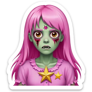 Zombie with a pink blouse, on the pink blouse there is a star and an R inside the star. (Shirt inspired by Emily Vick). The zombie has long hair and pink streaks in the bangs.  sticker